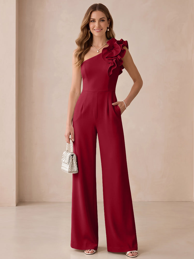 Satin Jumpsuit One Shoulder Long Evening Dresses with Ruffles