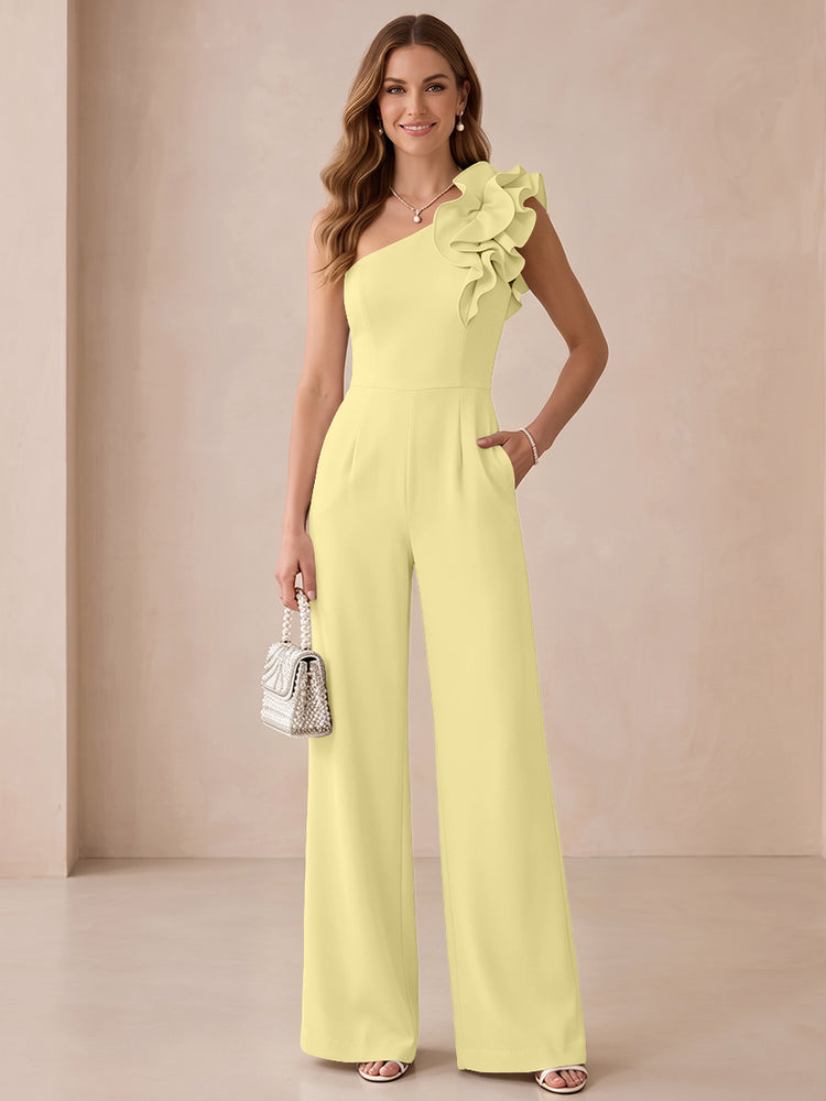 Satin Jumpsuit One Shoulder Long Evening Dresses with Ruffles