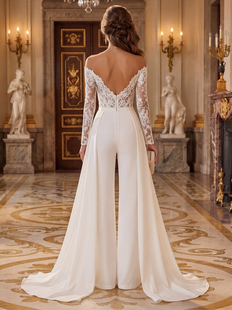 Satin Jumpsuit Sweetheart Long Evening Dresses with Applique