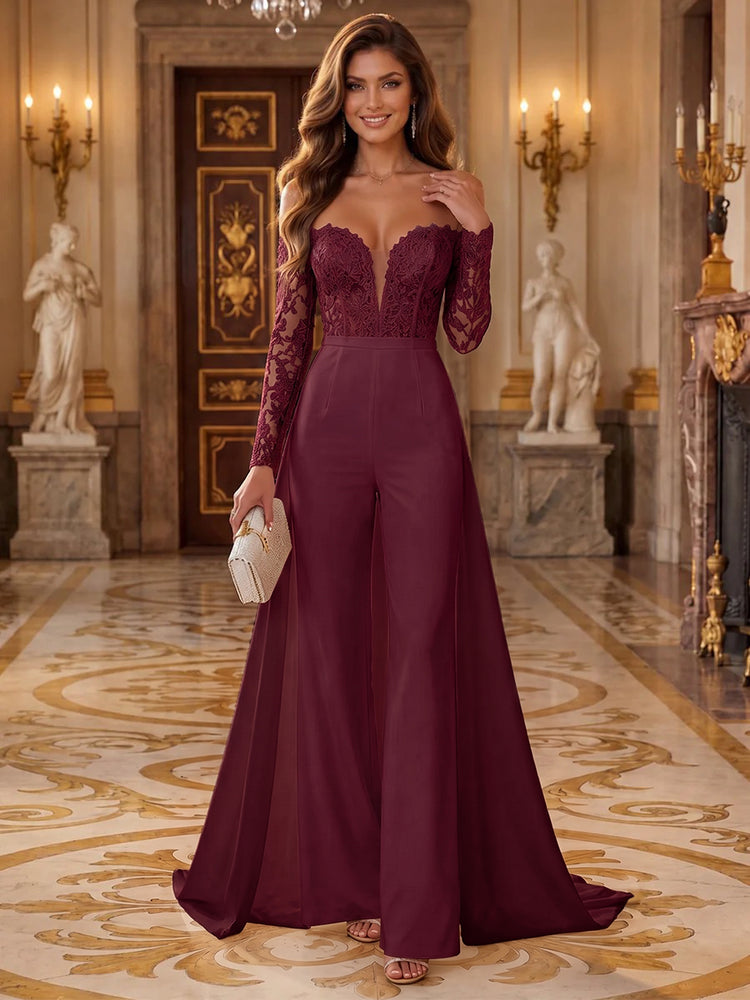 Satin Jumpsuit Sweetheart Long Evening Dresses with Applique