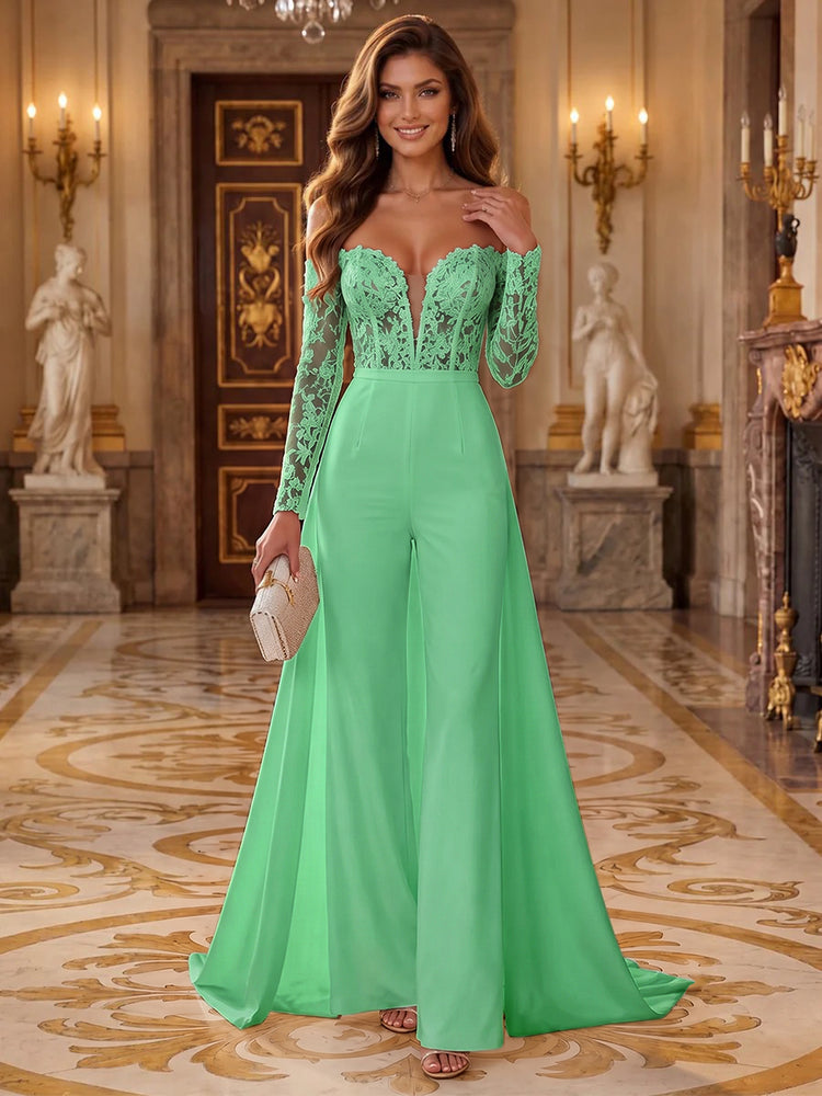 Satin Jumpsuit Sweetheart Long Evening Dresses with Applique