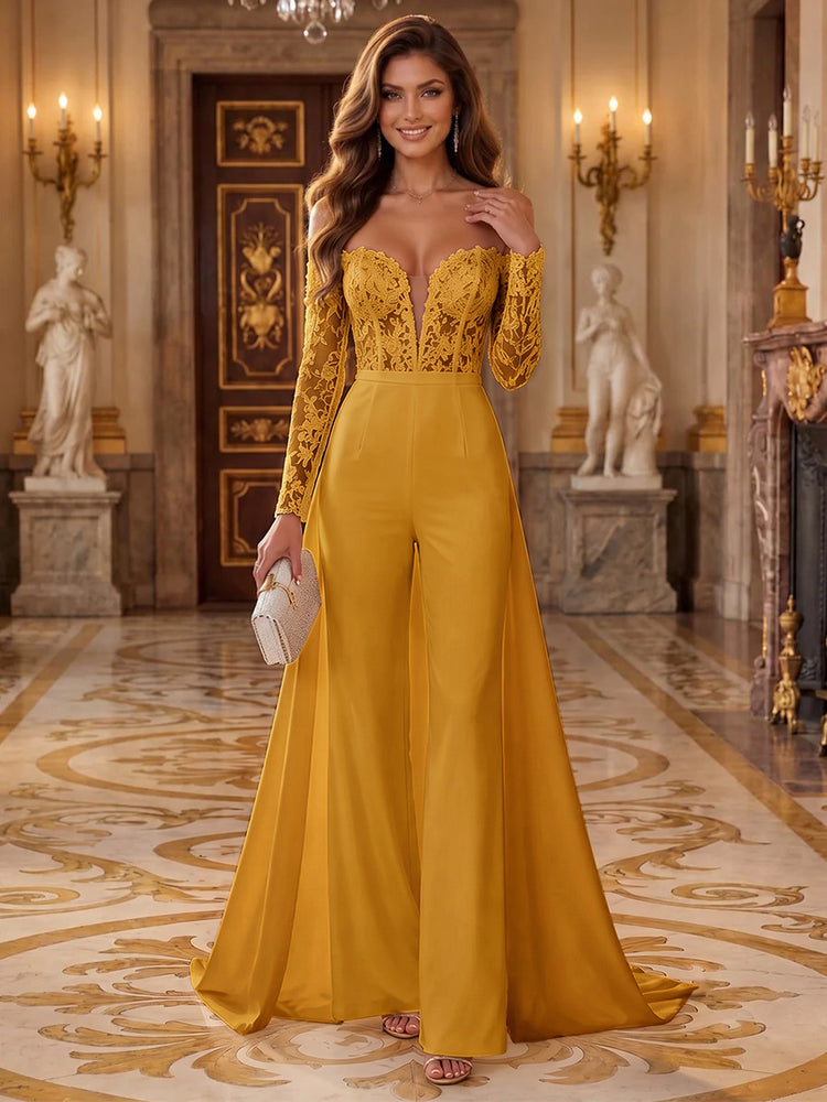 Satin Jumpsuit Sweetheart Long Evening Dresses with Applique