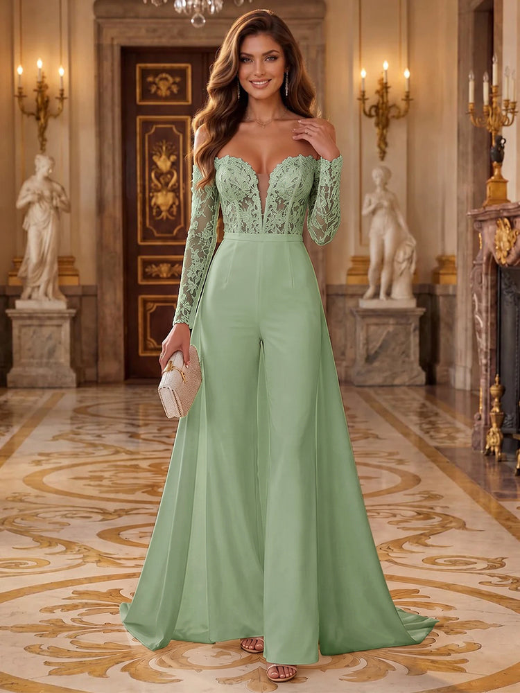 Satin Jumpsuit Sweetheart Long Evening Dresses with Applique