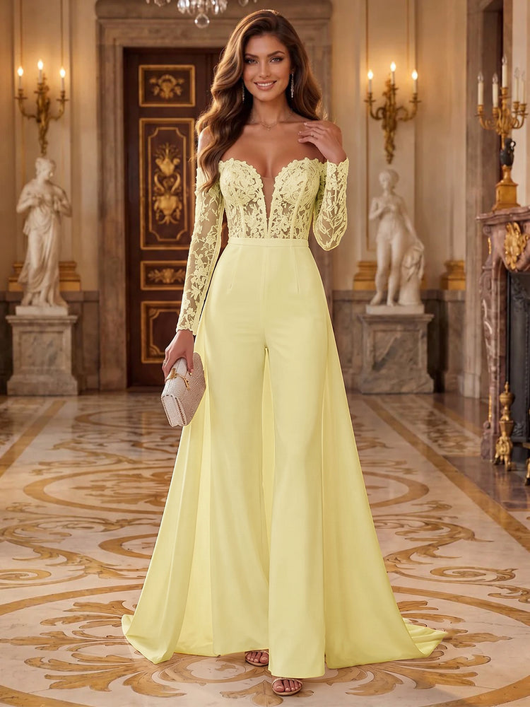 Satin Jumpsuit Sweetheart Long Evening Dresses with Applique