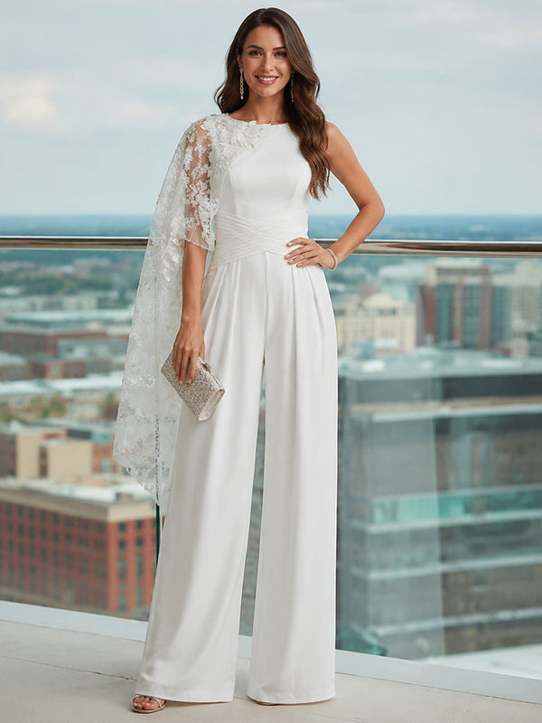 Satin Jumpsuit Scoop Neck Long Evening Dresses with Ruffles