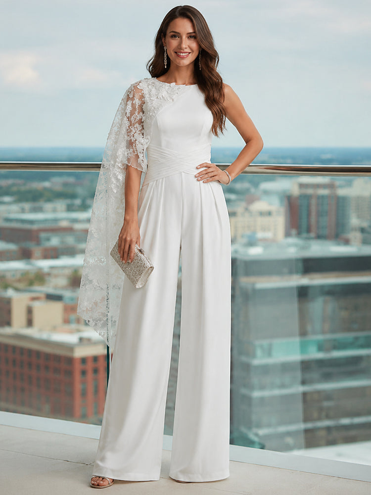 Satin Jumpsuit Scoop Neck Long Evening Dresses with Ruffles