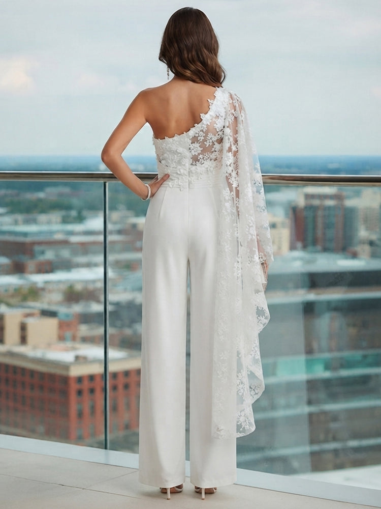 Satin Jumpsuit Scoop Neck Long Evening Dresses with Ruffles