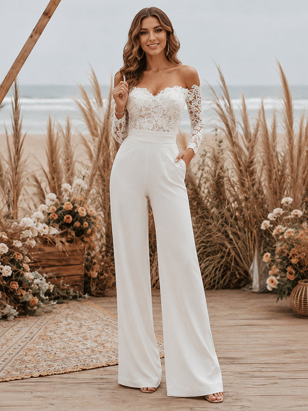 Satin Jumpsuit Sweetheart Long Evening Dresses with Lace Applique