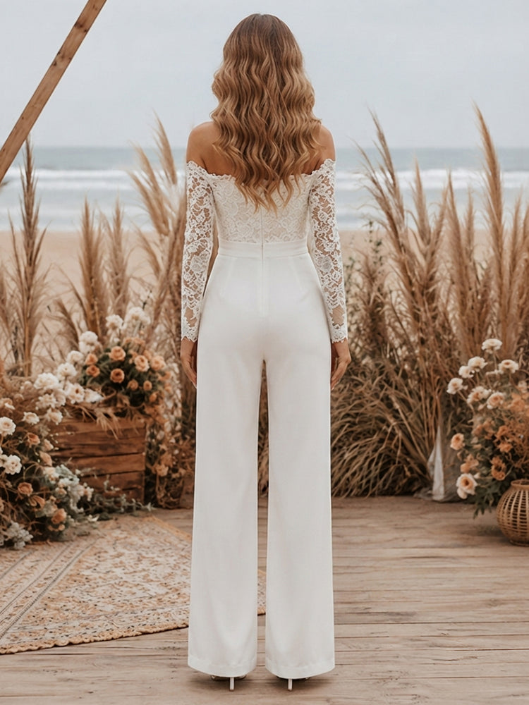 Satin Jumpsuit Sweetheart Long Evening Dresses with Lace Applique