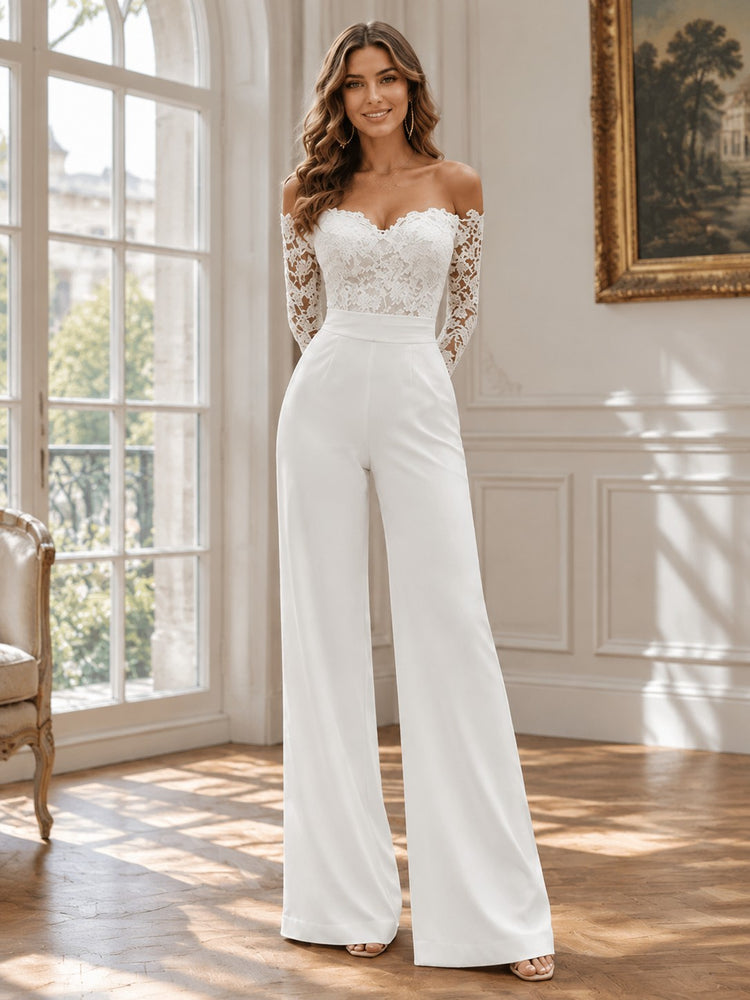 Satin Jumpsuit Sweetheart Long Evening Dresses with Lace Applique