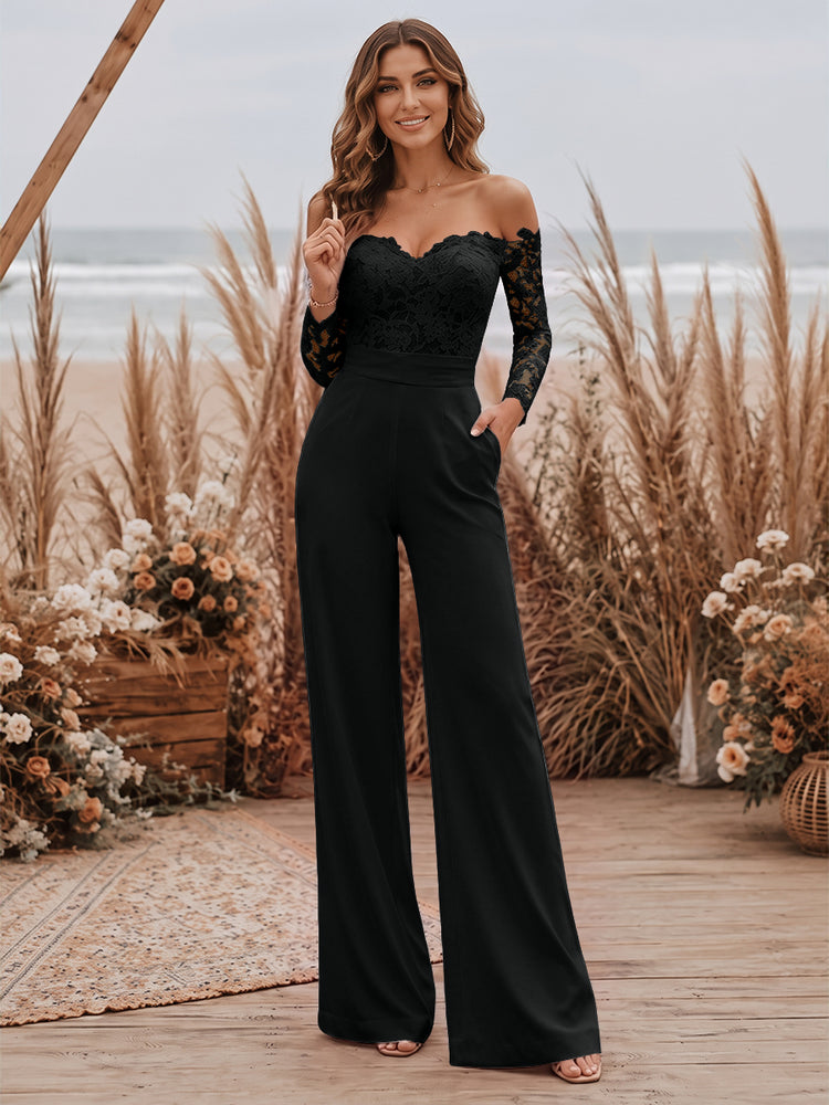 Satin Jumpsuit Sweetheart Long Evening Dresses with Lace Applique