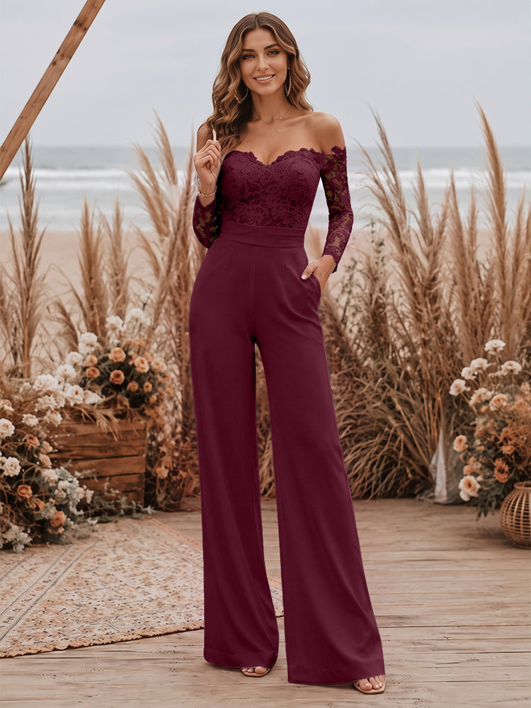 Satin Jumpsuit Sweetheart Long Evening Dresses with Lace Applique