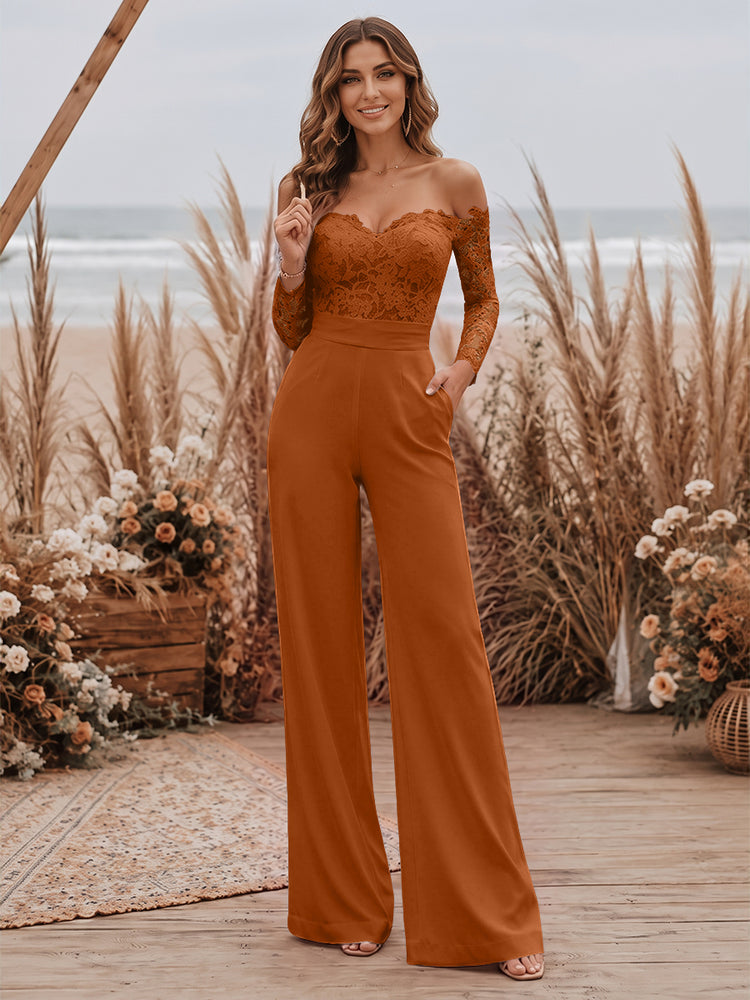 Satin Jumpsuit Sweetheart Long Evening Dresses with Lace Applique