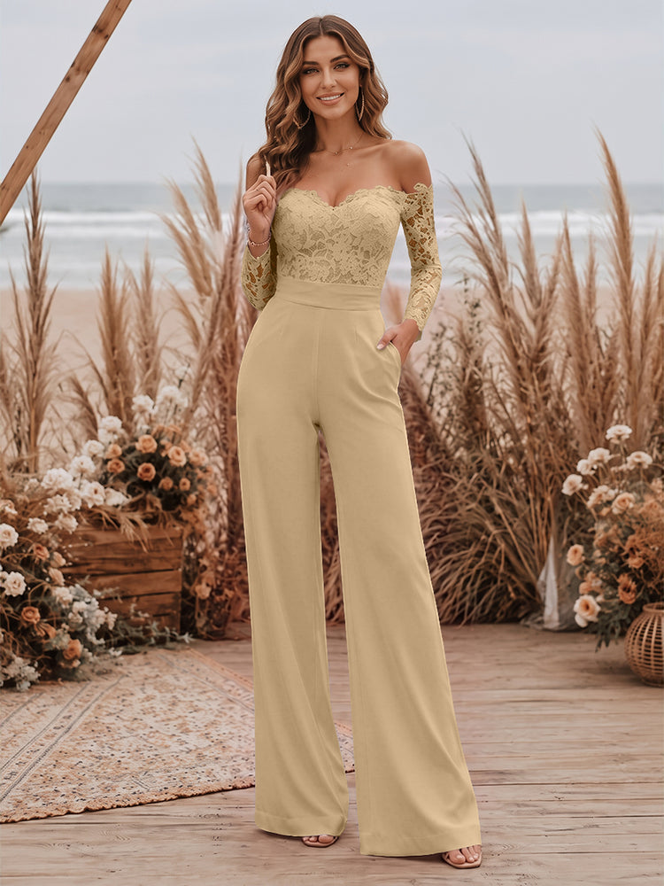 Satin Jumpsuit Sweetheart Long Evening Dresses with Lace Applique