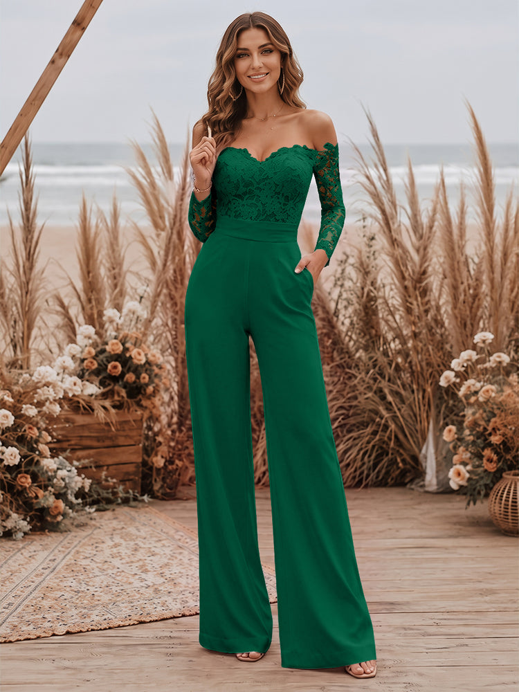 Satin Jumpsuit Sweetheart Long Evening Dresses with Lace Applique
