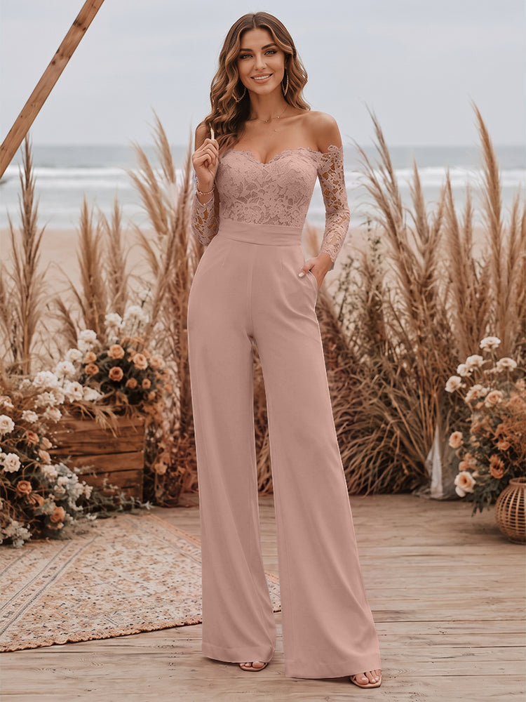 Satin Jumpsuit Sweetheart Long Evening Dresses with Lace Applique