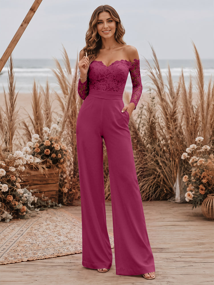 Satin Jumpsuit Sweetheart Long Evening Dresses with Lace Applique