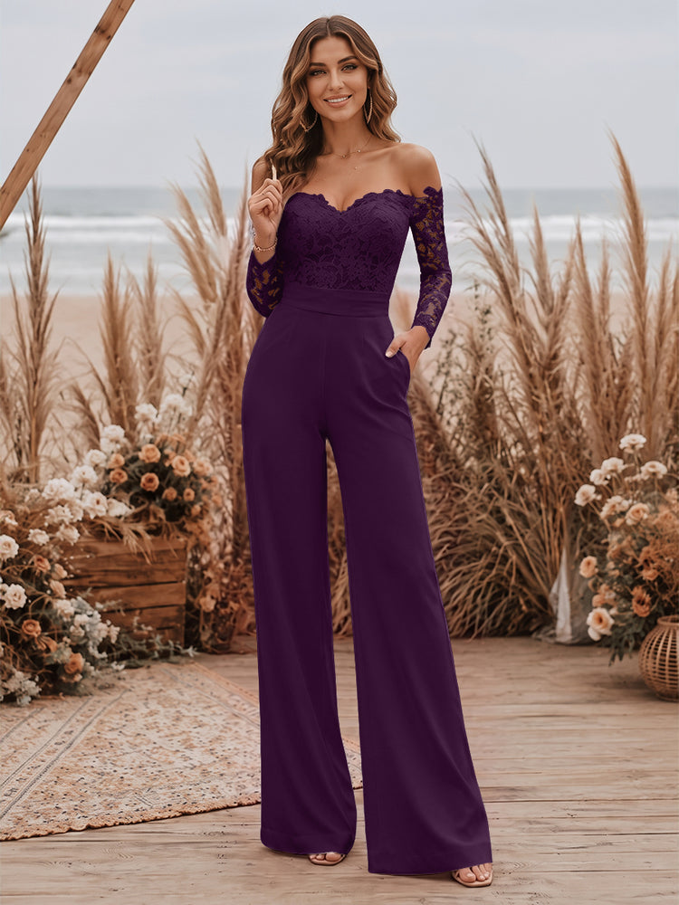 Satin Jumpsuit Sweetheart Long Evening Dresses with Lace Applique