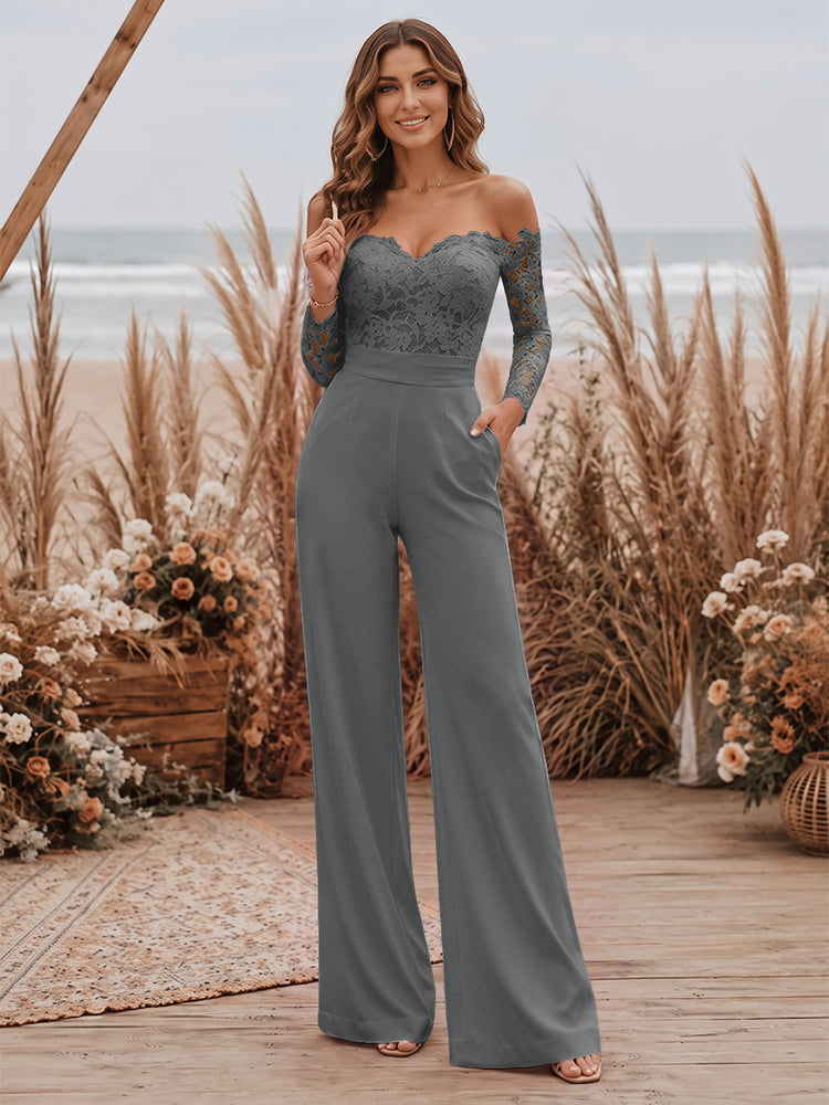 Satin Jumpsuit Sweetheart Long Evening Dresses with Lace Applique