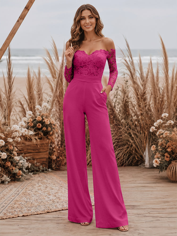 Satin Jumpsuit Sweetheart Long Evening Dresses with Lace Applique