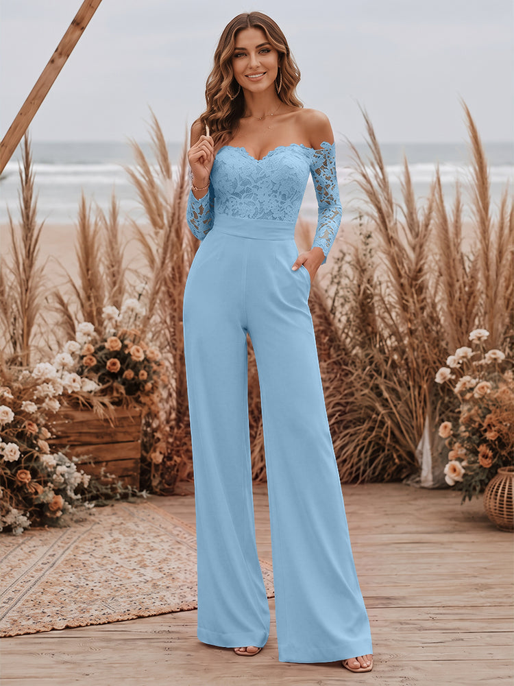 Satin Jumpsuit Sweetheart Long Evening Dresses with Lace Applique