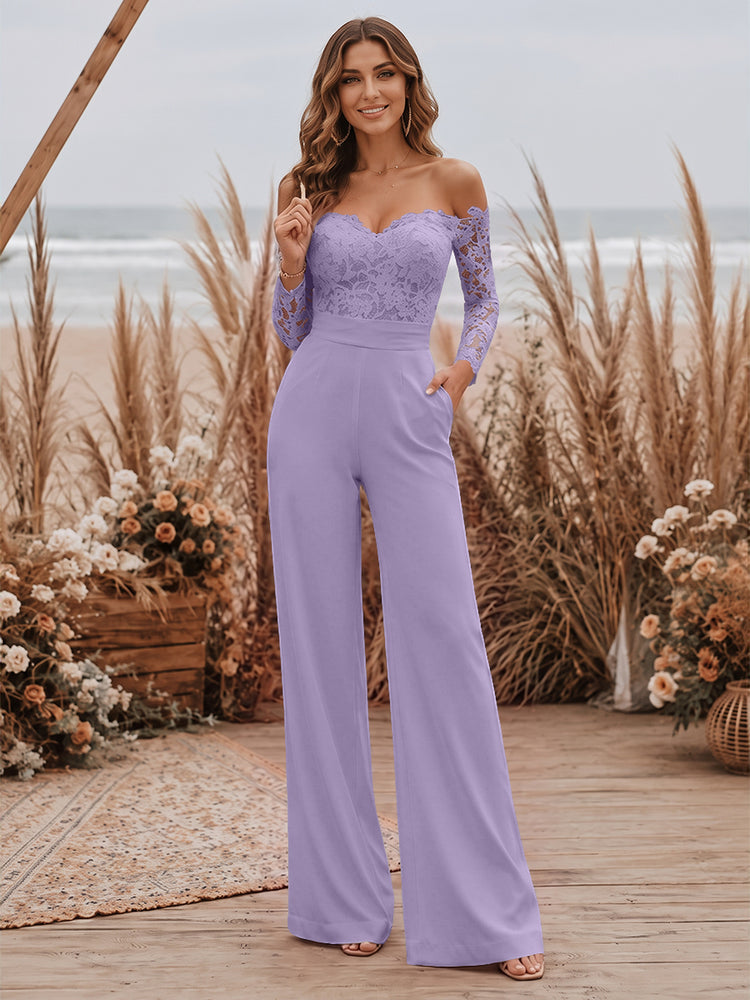 Satin Jumpsuit Sweetheart Long Evening Dresses with Lace Applique