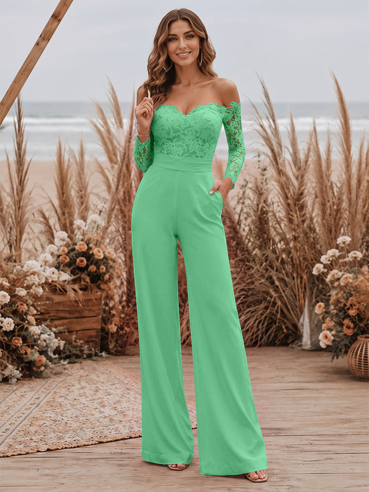 Satin Jumpsuit Sweetheart Long Evening Dresses with Lace Applique