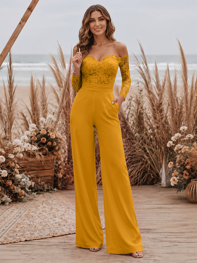 Satin Jumpsuit Sweetheart Long Evening Dresses with Lace Applique