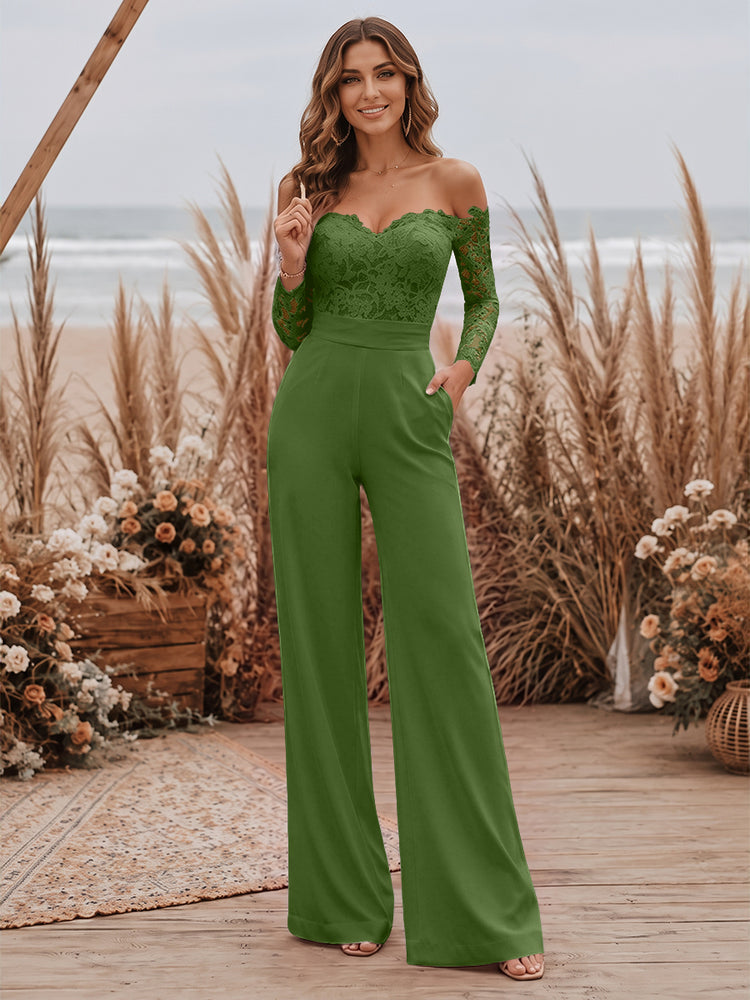 Satin Jumpsuit Sweetheart Long Evening Dresses with Lace Applique