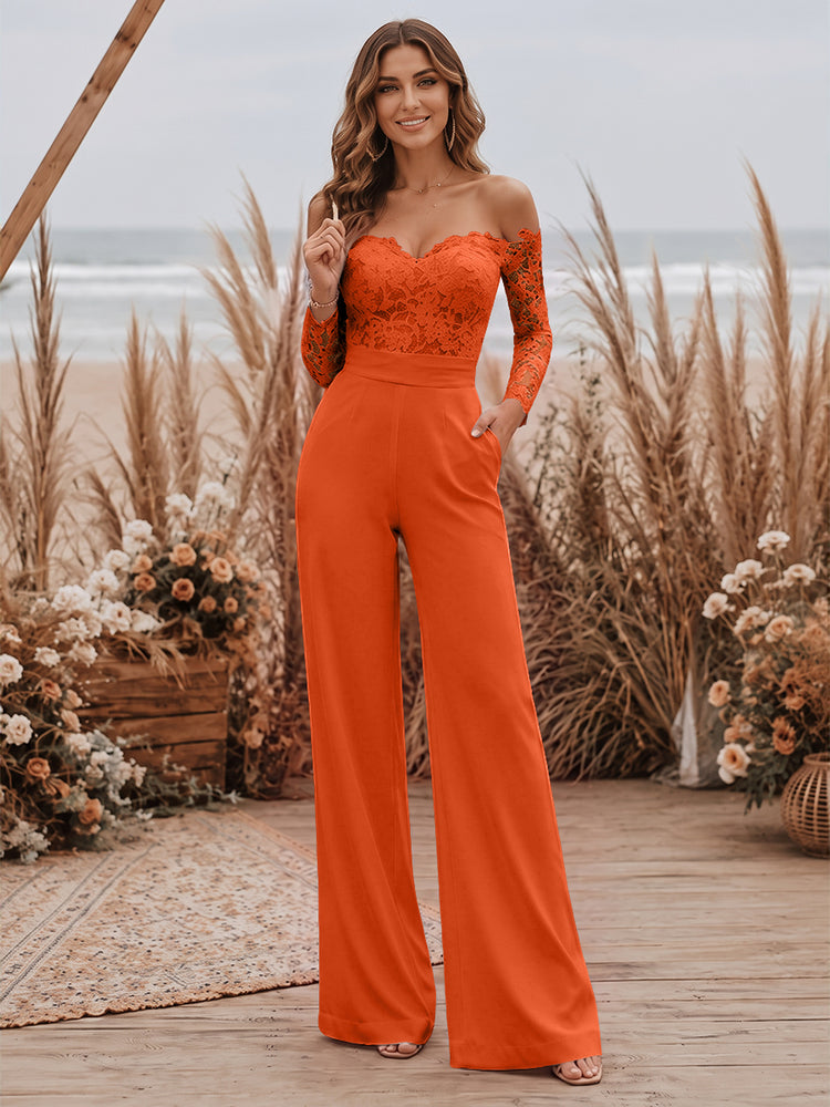 Satin Jumpsuit Sweetheart Long Evening Dresses with Lace Applique