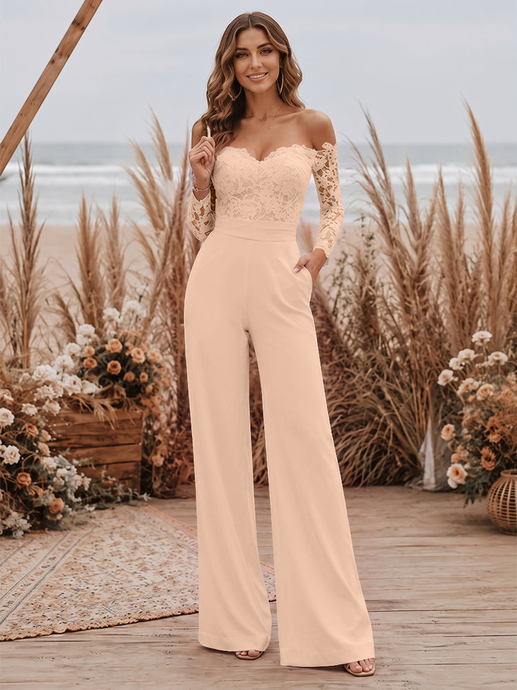 Satin Jumpsuit Sweetheart Long Evening Dresses with Lace Applique