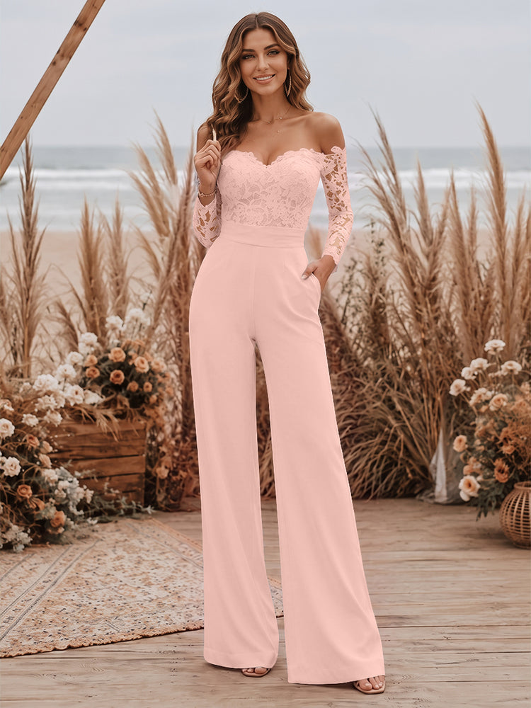 Satin Jumpsuit Sweetheart Long Evening Dresses with Lace Applique