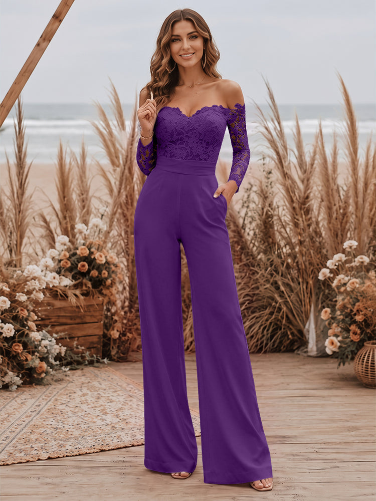 Satin Jumpsuit Sweetheart Long Evening Dresses with Lace Applique