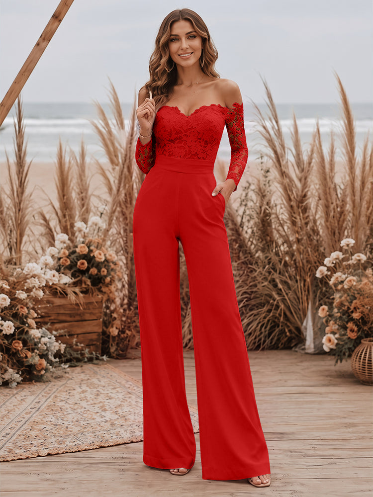 Satin Jumpsuit Sweetheart Long Evening Dresses with Lace Applique