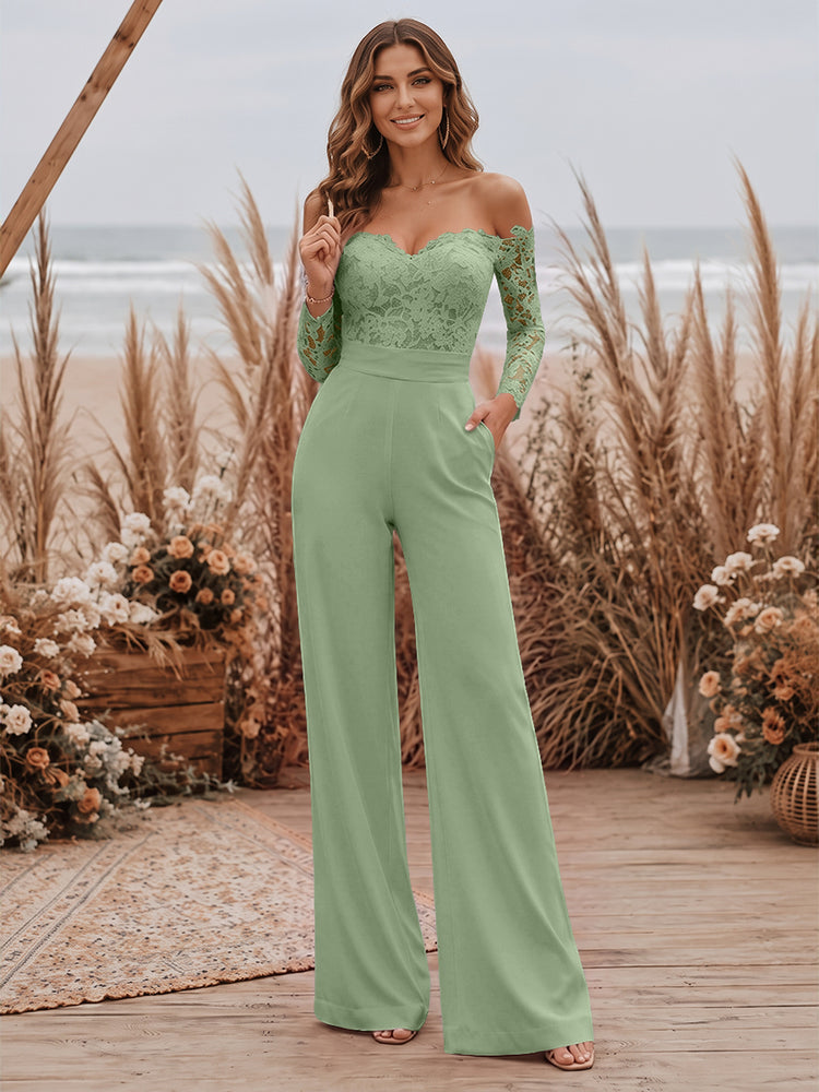 Satin Jumpsuit Sweetheart Long Evening Dresses with Lace Applique