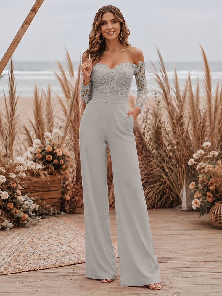 Satin Jumpsuit Sweetheart Long Evening Dresses with Lace Applique