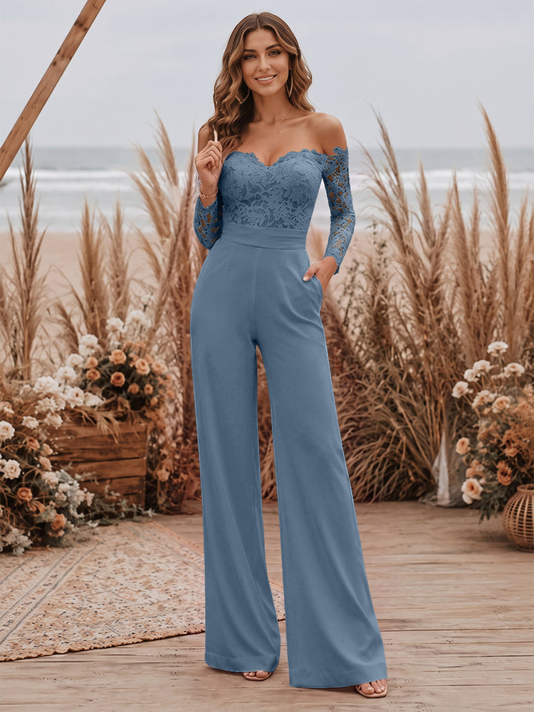 Satin Jumpsuit Sweetheart Long Evening Dresses with Lace Applique
