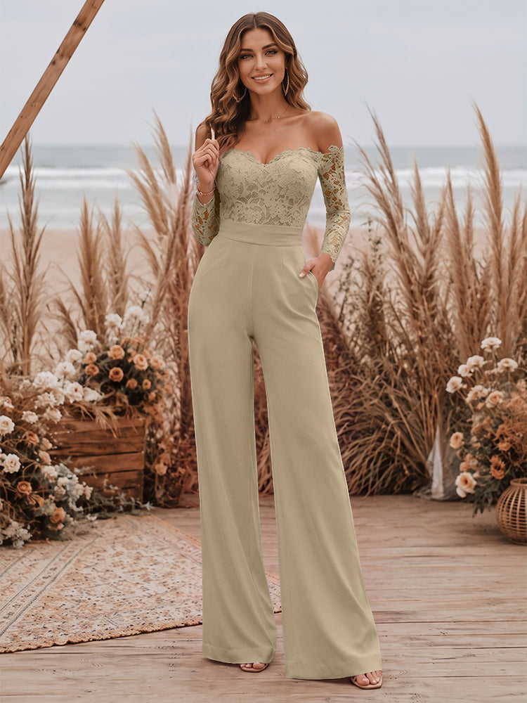 Satin Jumpsuit Sweetheart Long Evening Dresses with Lace Applique