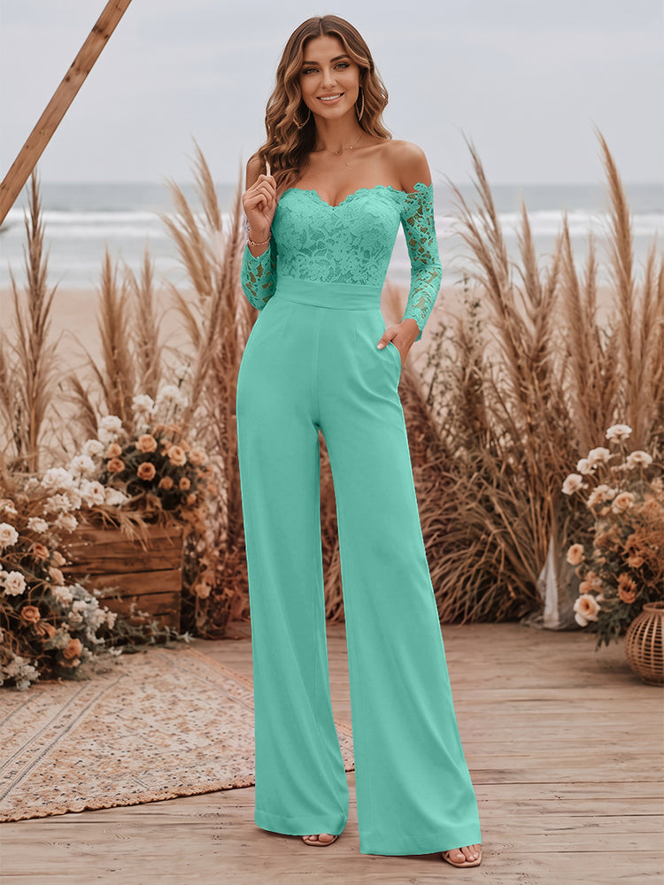 Satin Jumpsuit Sweetheart Long Evening Dresses with Lace Applique