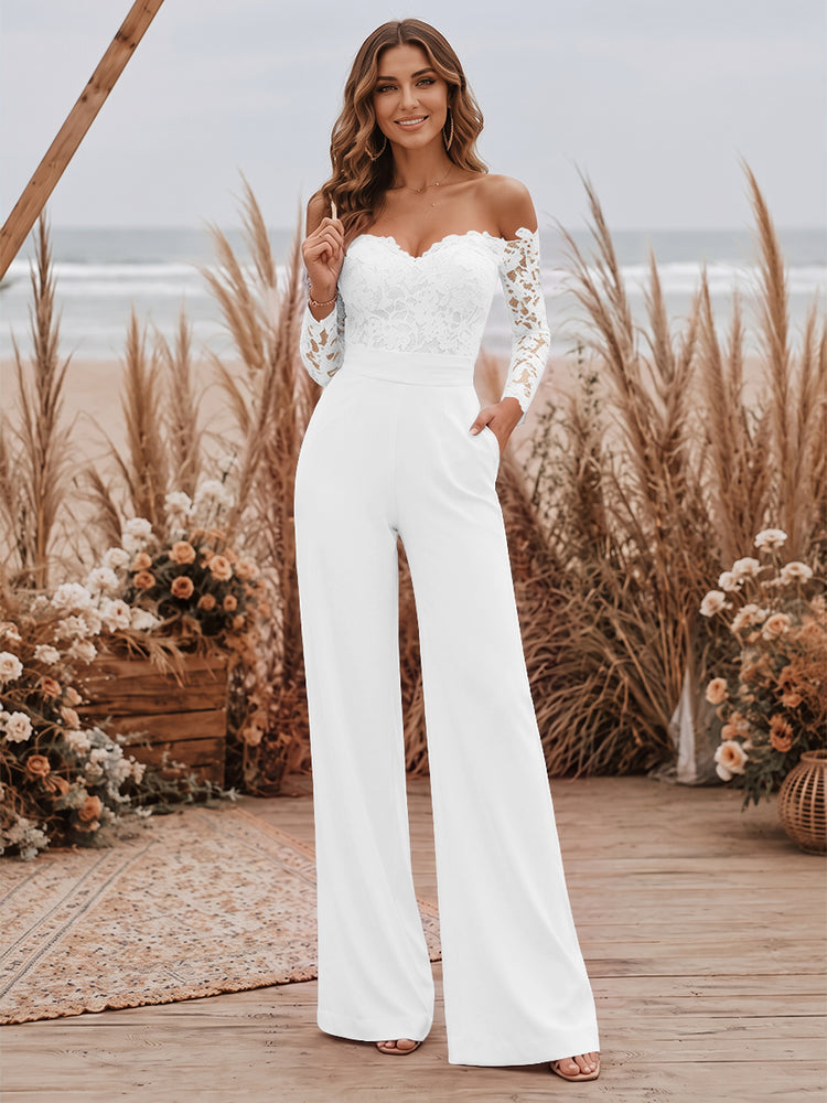 Satin Jumpsuit Sweetheart Long Evening Dresses with Lace Applique