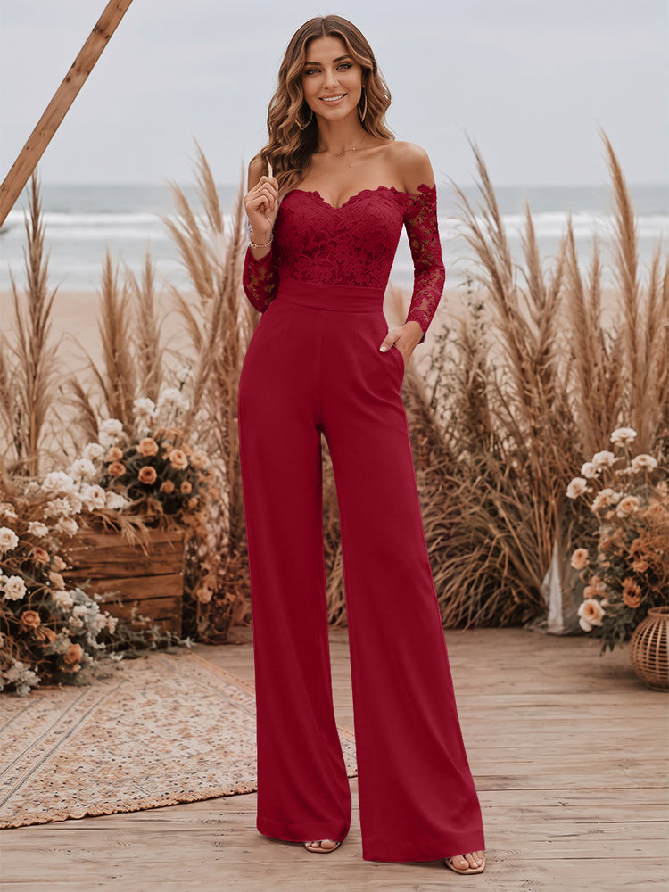 Satin Jumpsuit Sweetheart Long Evening Dresses with Lace Applique