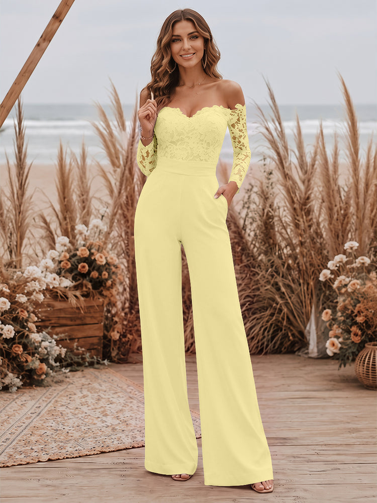 Satin Jumpsuit Sweetheart Long Evening Dresses with Lace Applique