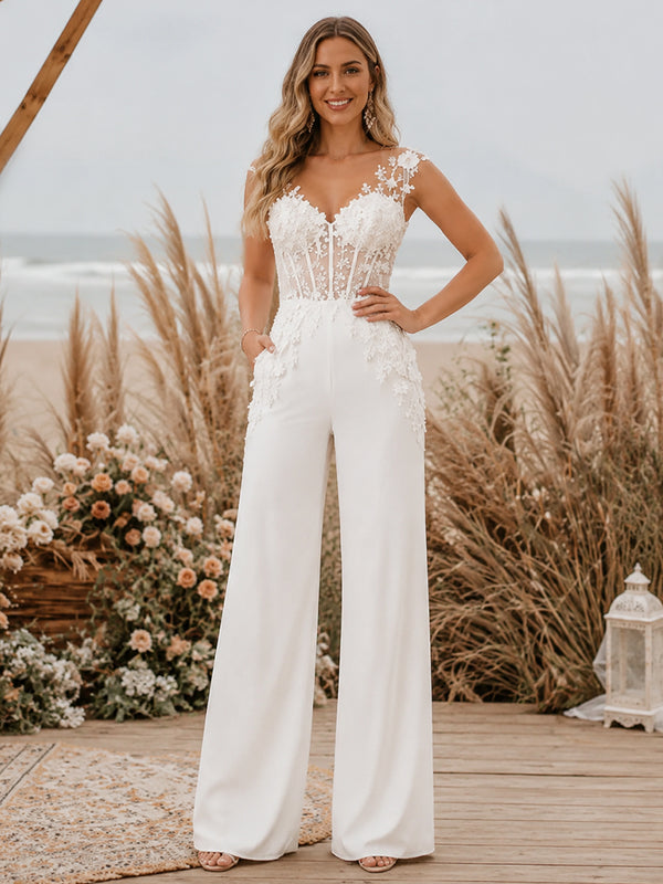 Satin Jumpsuit Sweetheart Long Evening Dresses with 3D Flowers