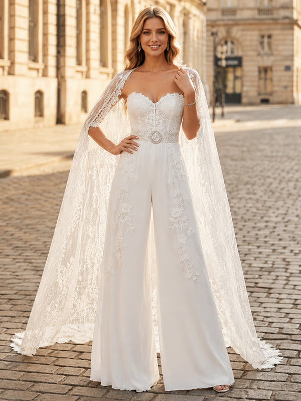 Chiffon Jumpsuit Sweetheart Long Evening Dresses with Lace Applique