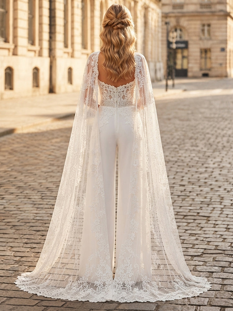 Chiffon Jumpsuit Sweetheart Long Evening Dresses with Lace Applique