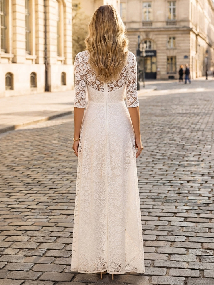 Satin Jumpsuit Boat Neck  Long Evening Dresses with Lace Applique
