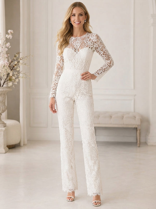 Laces Jumpsuit Scoop Neck Long Evening Dresses with Applique