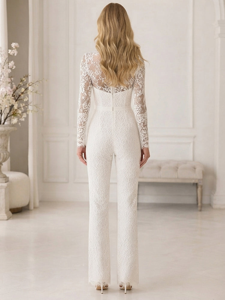 Laces Jumpsuit Scoop Neck Long Evening Dresses with Applique