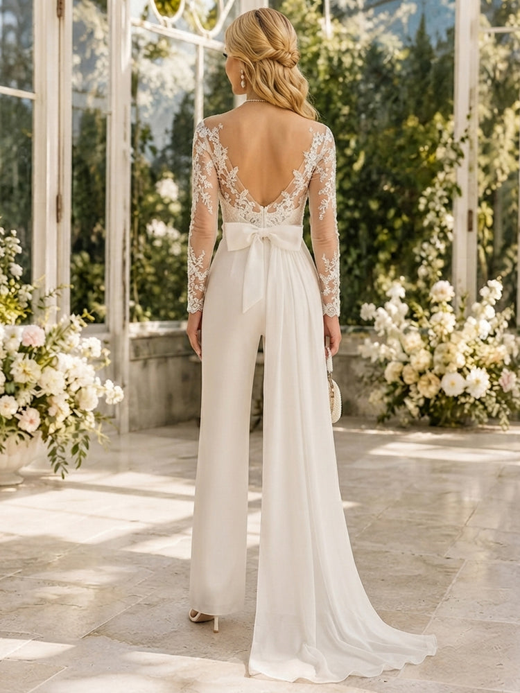 Satin Jumpsuit Sweetheart Long Evening Dresses with Lace Applique