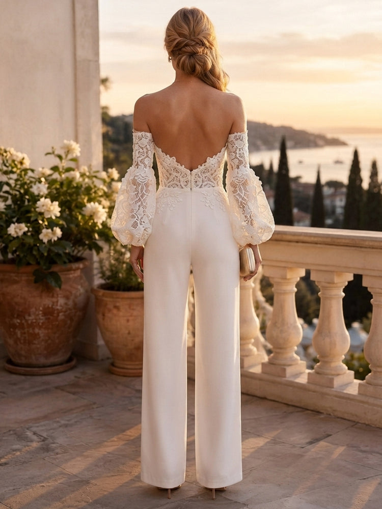 Satin Jumpsuit Sweetheart Long Evening Dresses with Applique
